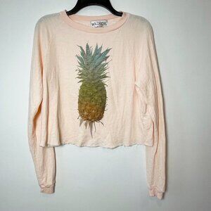 Wildfox Pineapple Graphic Long Sleeve Crop Top T-Shirt Orange S Womens Crew Neck